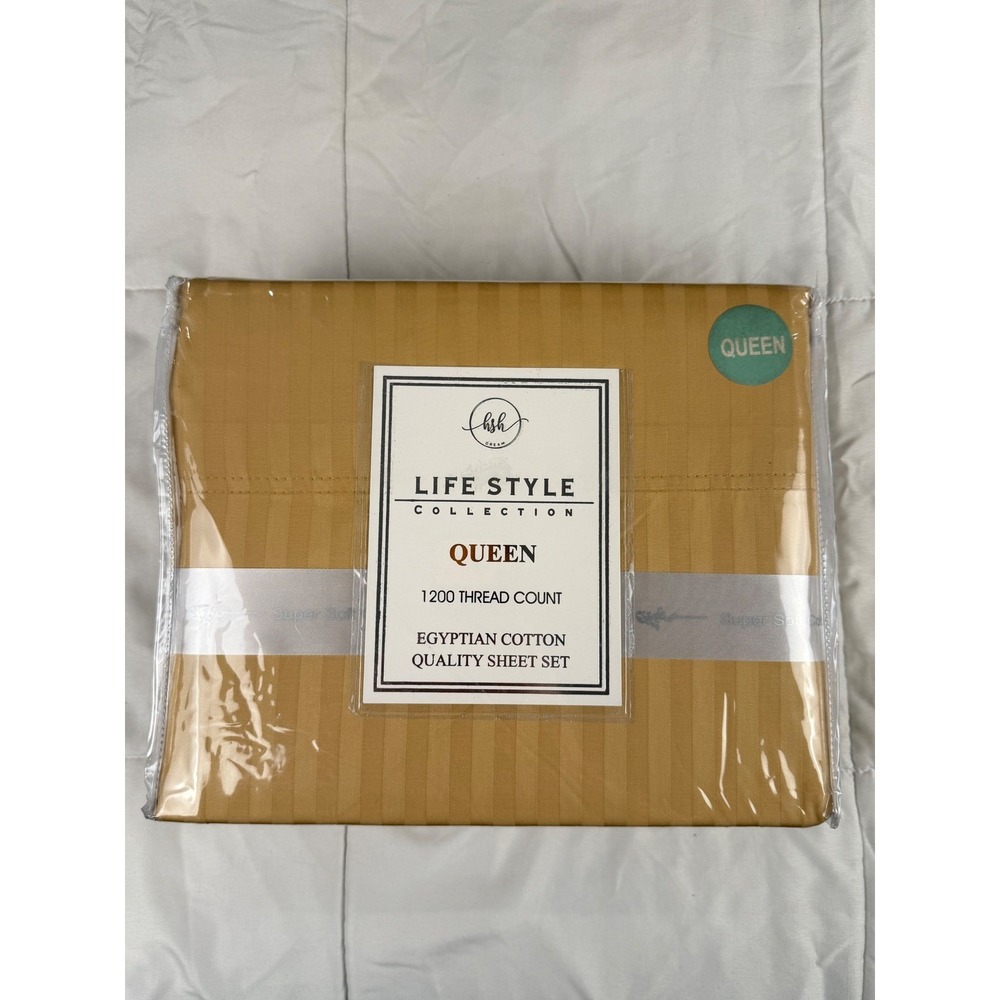 HSH Dream Sheet Set Queen Gold 1200 Thread Count Egyptian Cotton Striped NEW